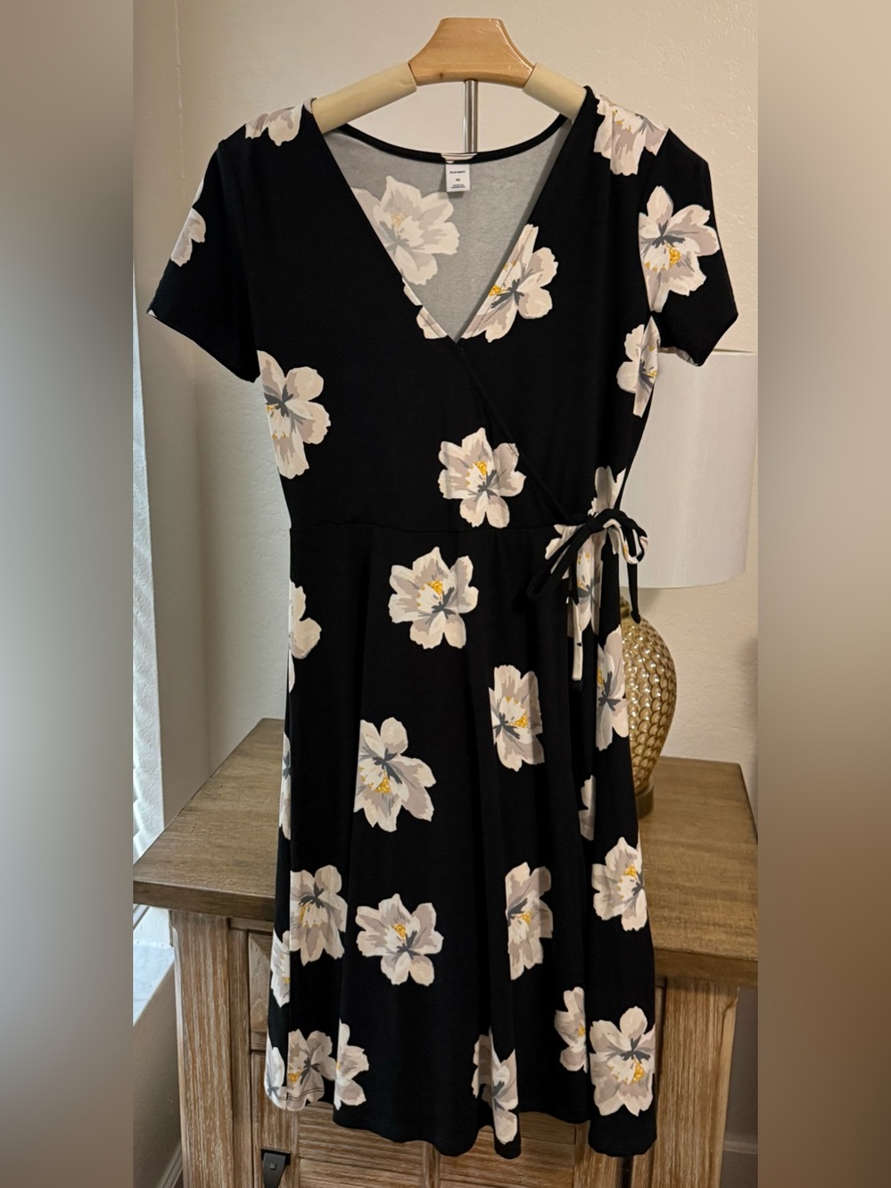 5 for $20 Deal- Old Navy Black Faux Wrap Dress with Cream Floral Print